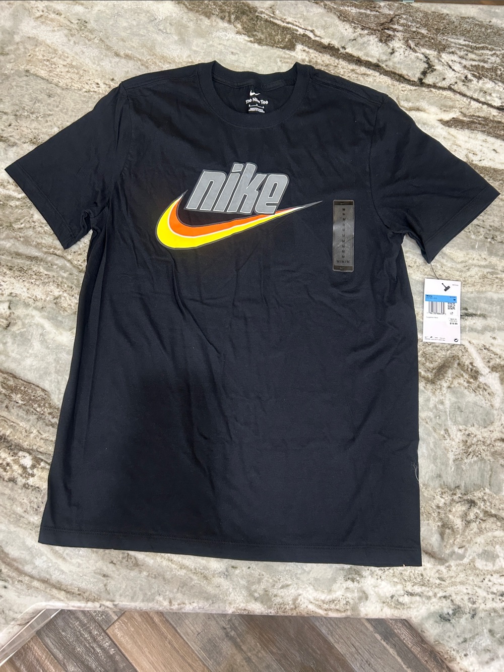 NWT Nike Black Short Sleeve T-Shirt with Yellow-Orange Gradient Swoosh